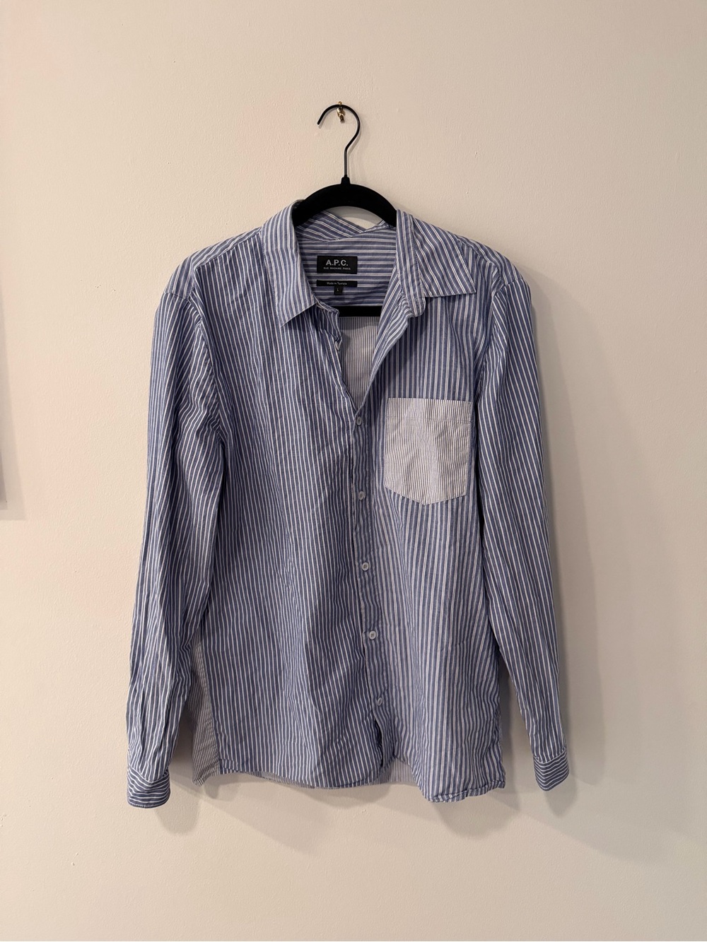 A.P.C. Blue and White Striped Button-Down Shirt with Contrast Pocket